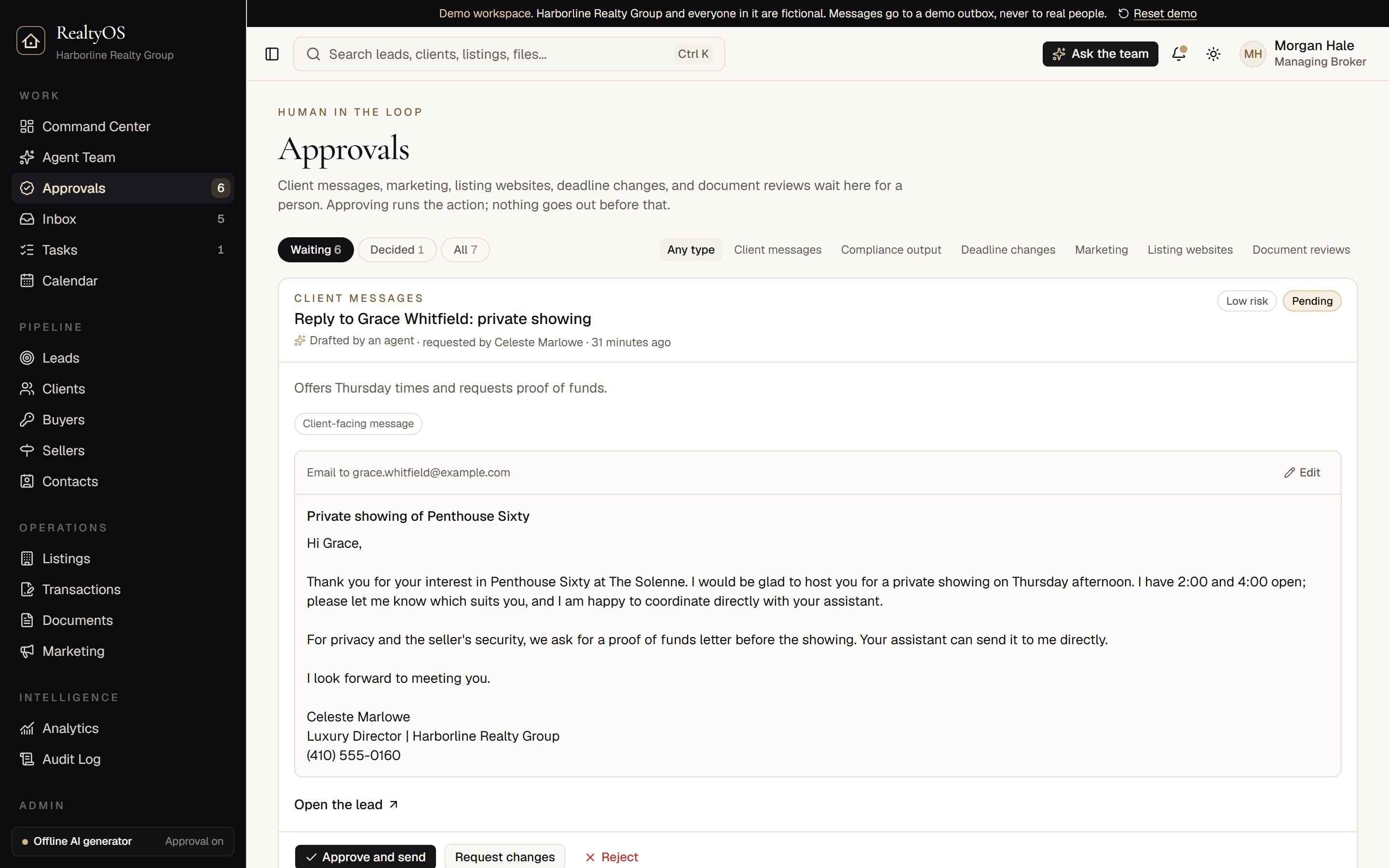 The approval queue with drafted client messages waiting for review
