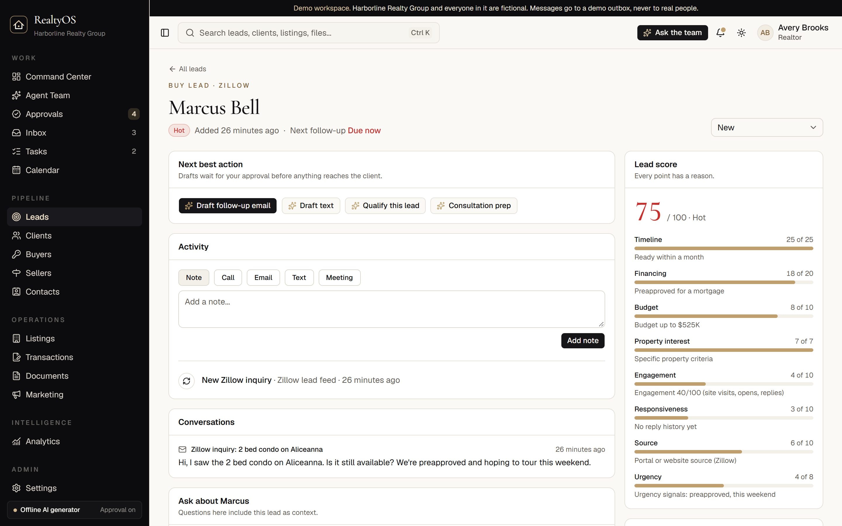 A lead record with an explainable score, conversation, and suggested next steps