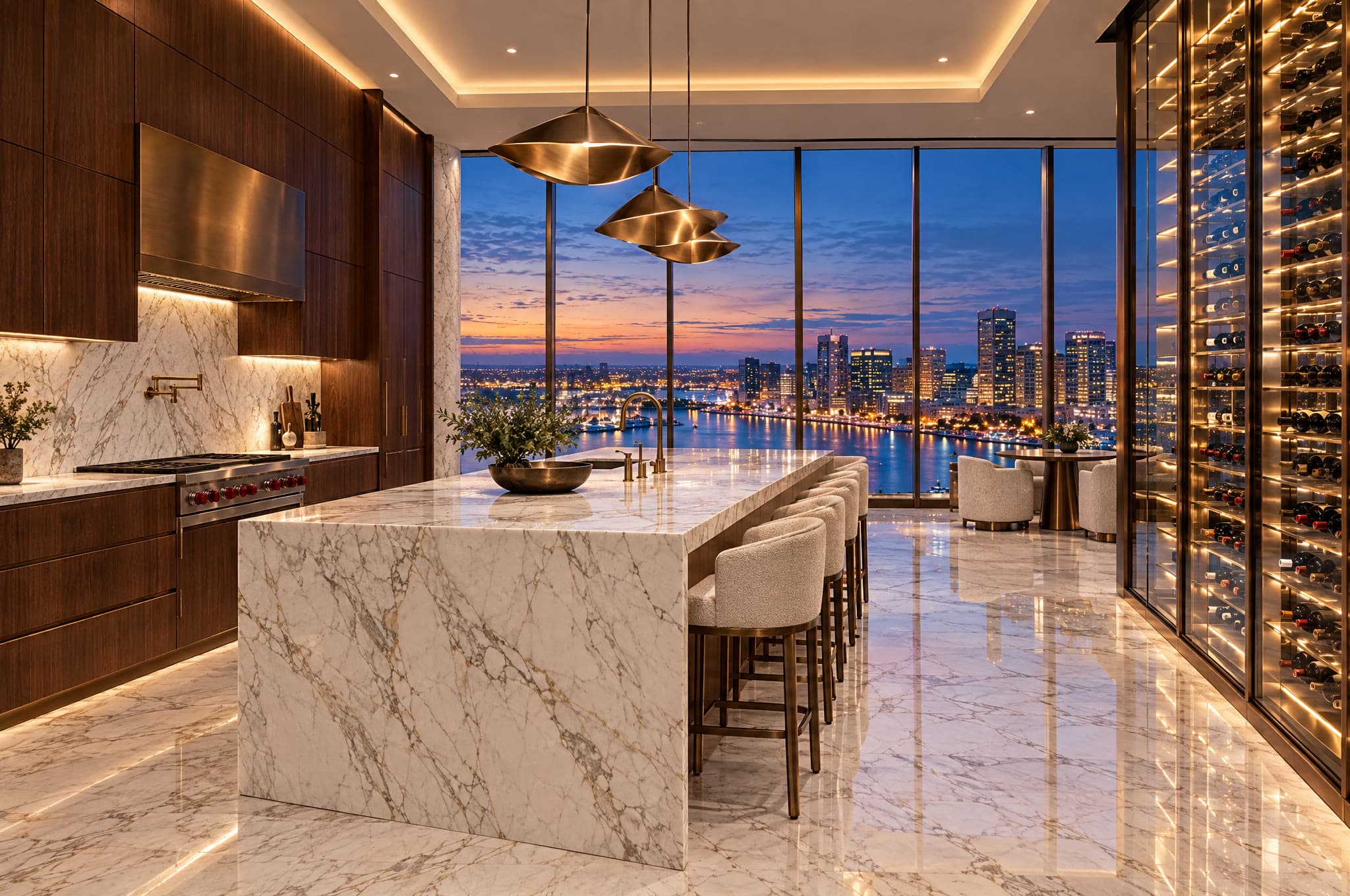 Chef's kitchen with waterfall island and glass wine wall